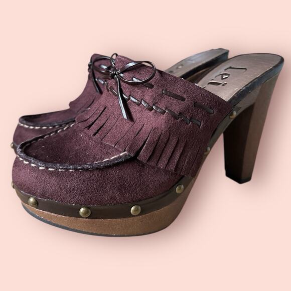 LEI Womens Brown Mule Clogs Platform Y2K 90s Suede Fringe Sz 7 Chunky Whimsygoth - Picture 1 of 6